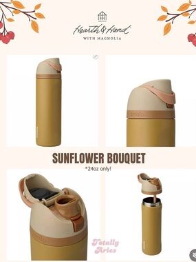 New Owala Hearth & Hand Magnolia Free Sip Insulated Water Bottle Sunflower Bouqu